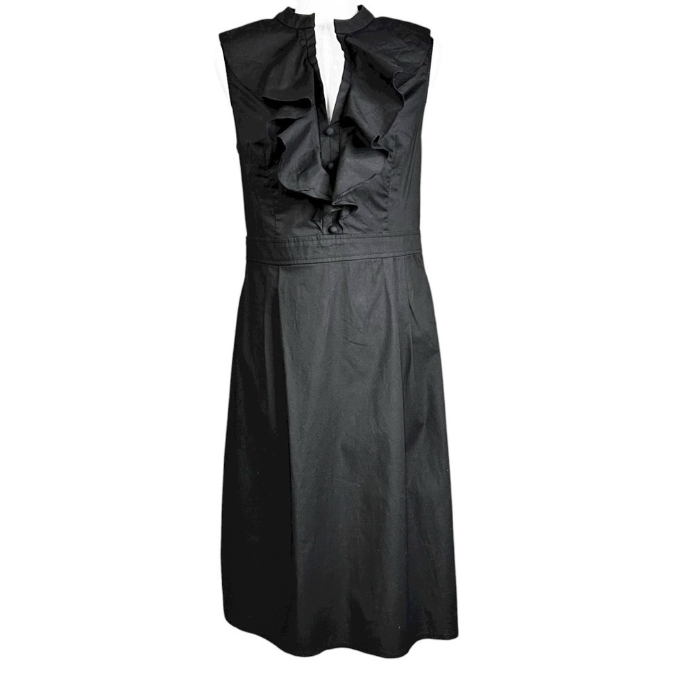 Shoshanna Midi Dress 10 Black Ruffles Split Neck Night Our Feminine - Picture 3 of 11